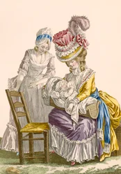 パタスが刻印した、メイドが見ている子供に母乳をあげているエレガントな女性、「Galeries des Modes et Costumes Francais」のプレートno.142、c.1778-87 99：衣類。伝統的なドレス;
